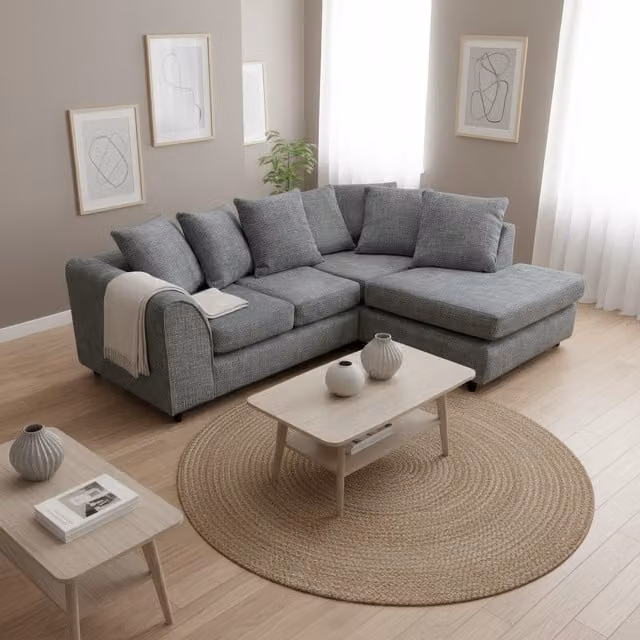 Abakus Direct Jumbo L-Shape Corner Sofa in Dark Grey Soft Chenille with Right-Hand Chaise and Scatter Cushions