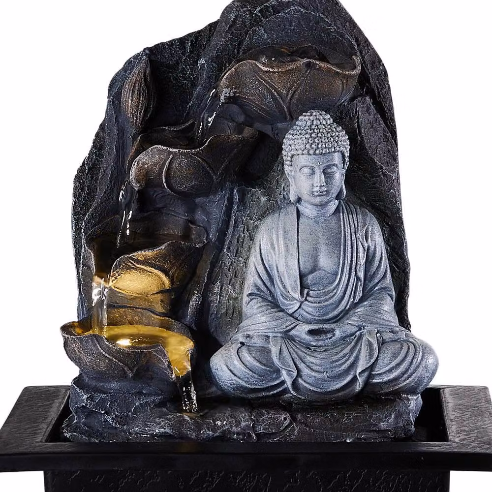 Living and Home Grey Buddha Tabletop Indoor Water Fountain with LED Light – 5