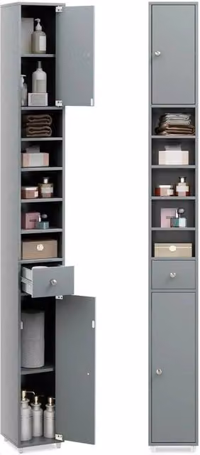 Kelvenix Grey Slim Freestanding Bathroom Tall Cabinet with Internal Shelves and Matt Finish