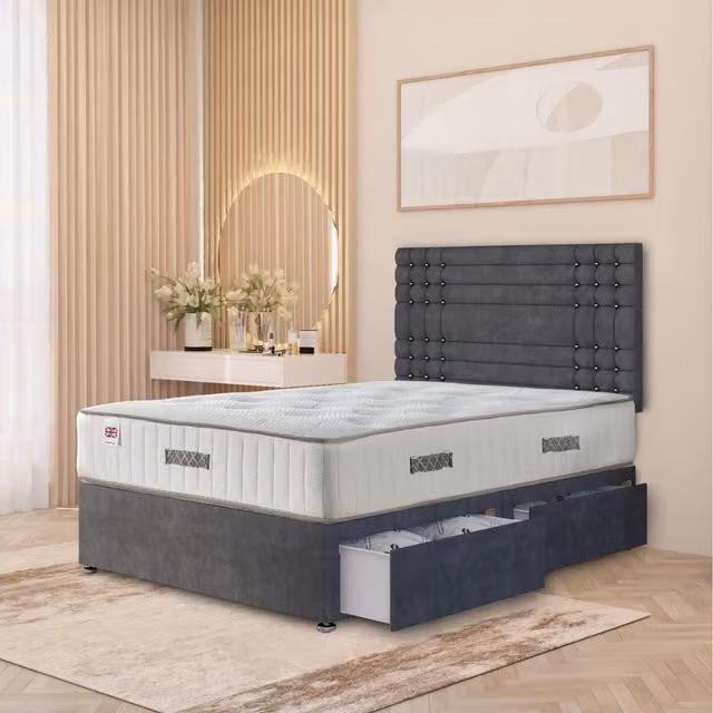 Somnior Beds Ltd Saville Plush Velvet Divan Bed Set with Headboard and Drawers, Anthracite Grey, W/D/H: 180 x 200 cm