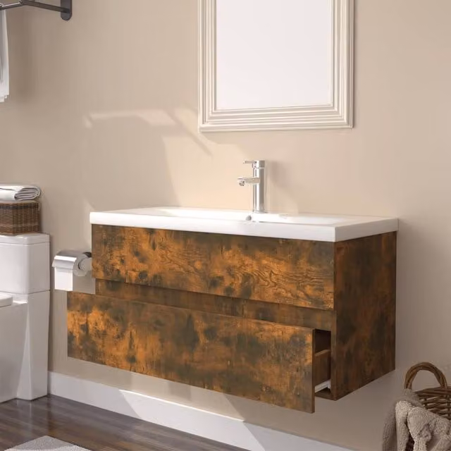 Berkfield Home Wall Mounted Bathroom Sink Cabinet with Built-in Basin in Smoked Oak Brown, W/D/H: 45.0 x 38.5 x 90.0 cm