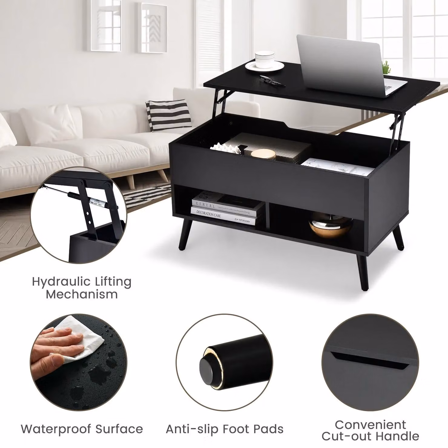 Costway Modern Rectangular Wooden Lift Top Coffee Table in Black – 10