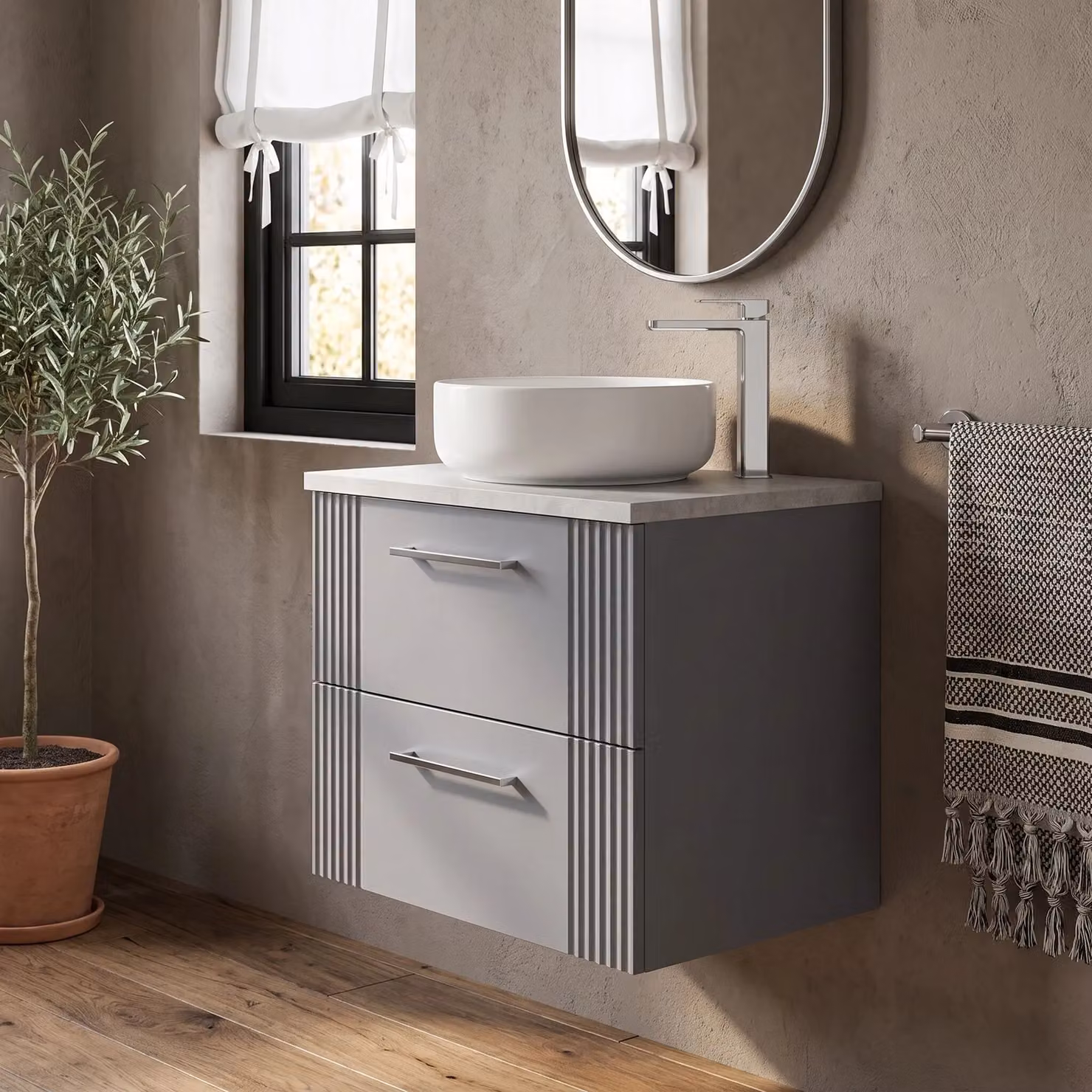 Balterley Modern Wall Hung Bathroom Vanity Unit with 2 Soft Close Drawers and Laminated Worktop, Grey, W: 60.0 cm, D: 39.0 cm, H: 52.2 cm – 2