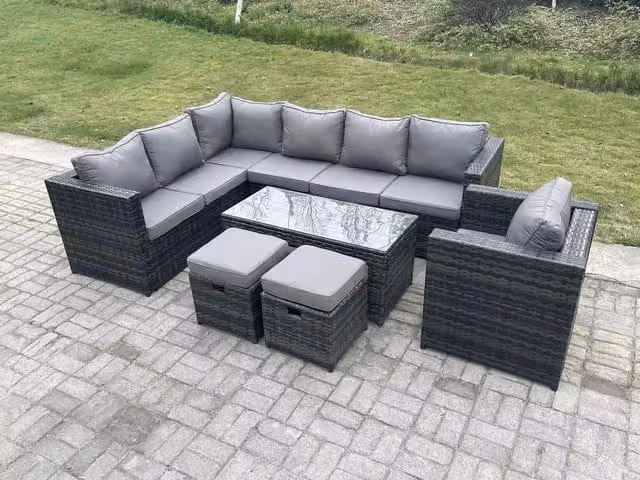 Fimous 9 Seater Rattan Corner Sofa Lounge Set with Rectangular Coffee Table and 2 Stools, Left Hand, Dark Grey