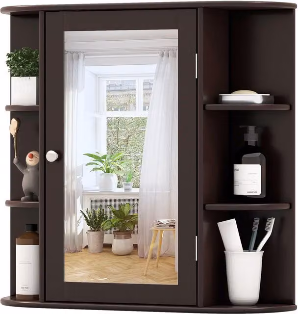 Gymax Modern Wooden Mirrored Bathroom Cabinet in Dark Brown