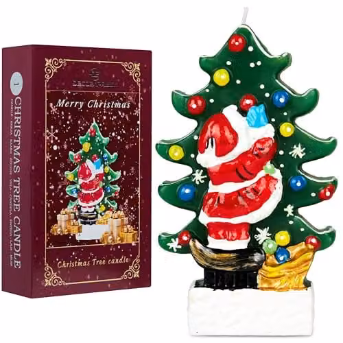 Deco Express Christmas Santa and Christmas Tree Festive Candle in Multicolour and Green, W/D/H: 19.5 x 11.5 x 11.5 cm