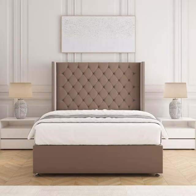 BSSPOKE Olivia Plush Velvet Divan Bed Set with 54 inch Headboard and Mattress in Bronze, Small Double, W/D/H: 120 x 200 cm