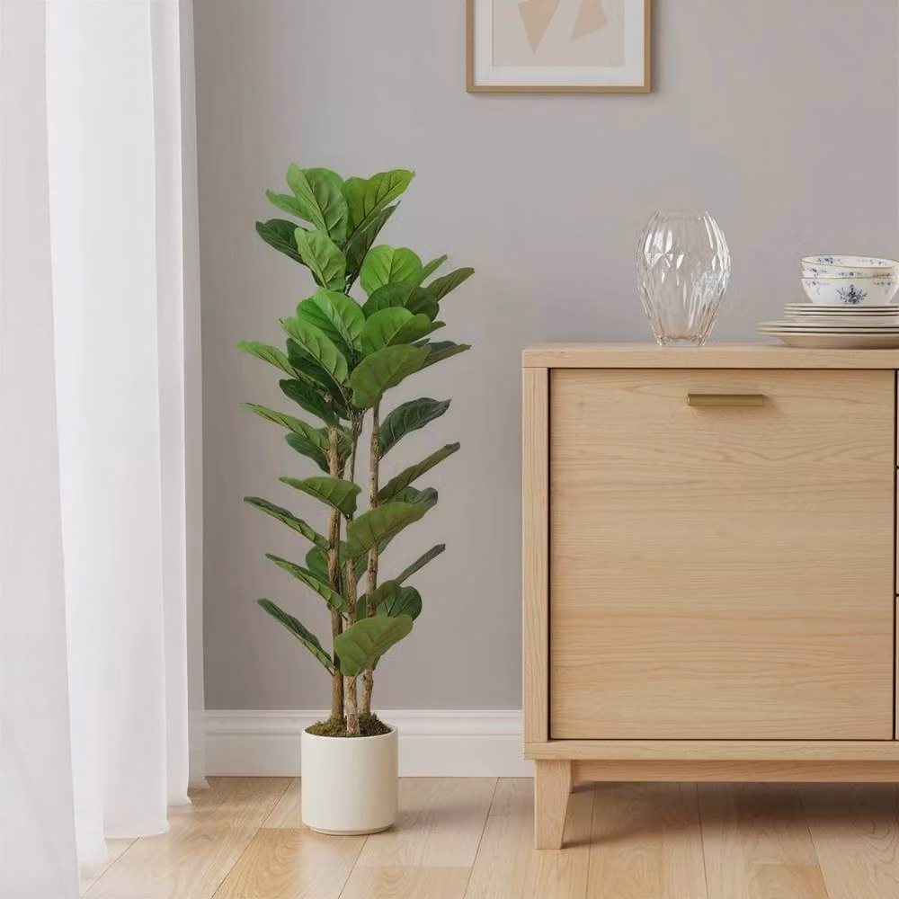 VOGREX 120 cm Artificial Fiddle Leaf Fig Tree with Solid Wood Trunk in Green – 3