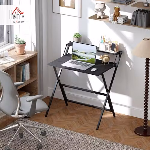 HOMCOM Black Folding Computer Desk with Monitor Shelf, W: 81.5 cm, D: 62 cm, H: 86.5 cm – 2