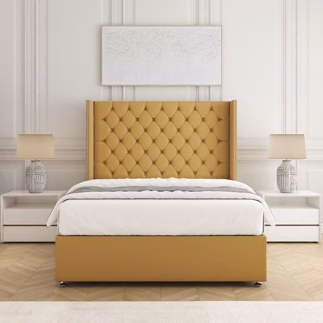BSSPOKE Olivia Plush Velvet Double Divan Bed Set with Headboard and Mattress in Mustard Yellow, W/D/H: 140 x 200 cm
