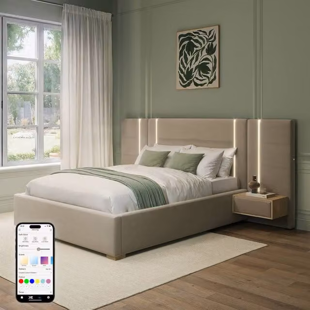 X Rocker Amelia Ottoman Hotel Bed with App-Controlled LED Lights and Nightstands in Beige Velvet, W/D/H: 140 x 200 cm – 1