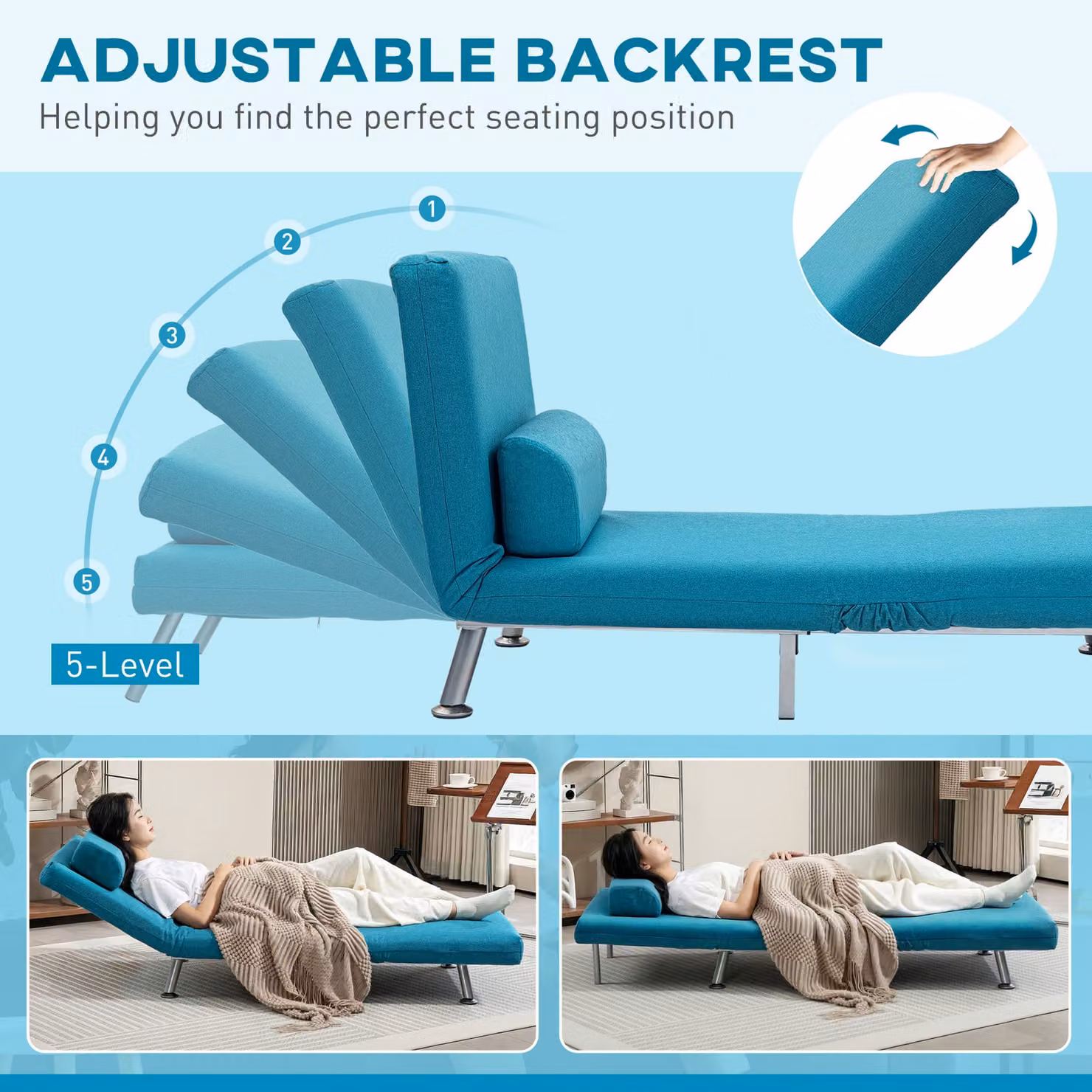 HOMCOM Single Linen-Feel Sleeper Chair in Dark Blue with Armrests and Metal Frame – 5