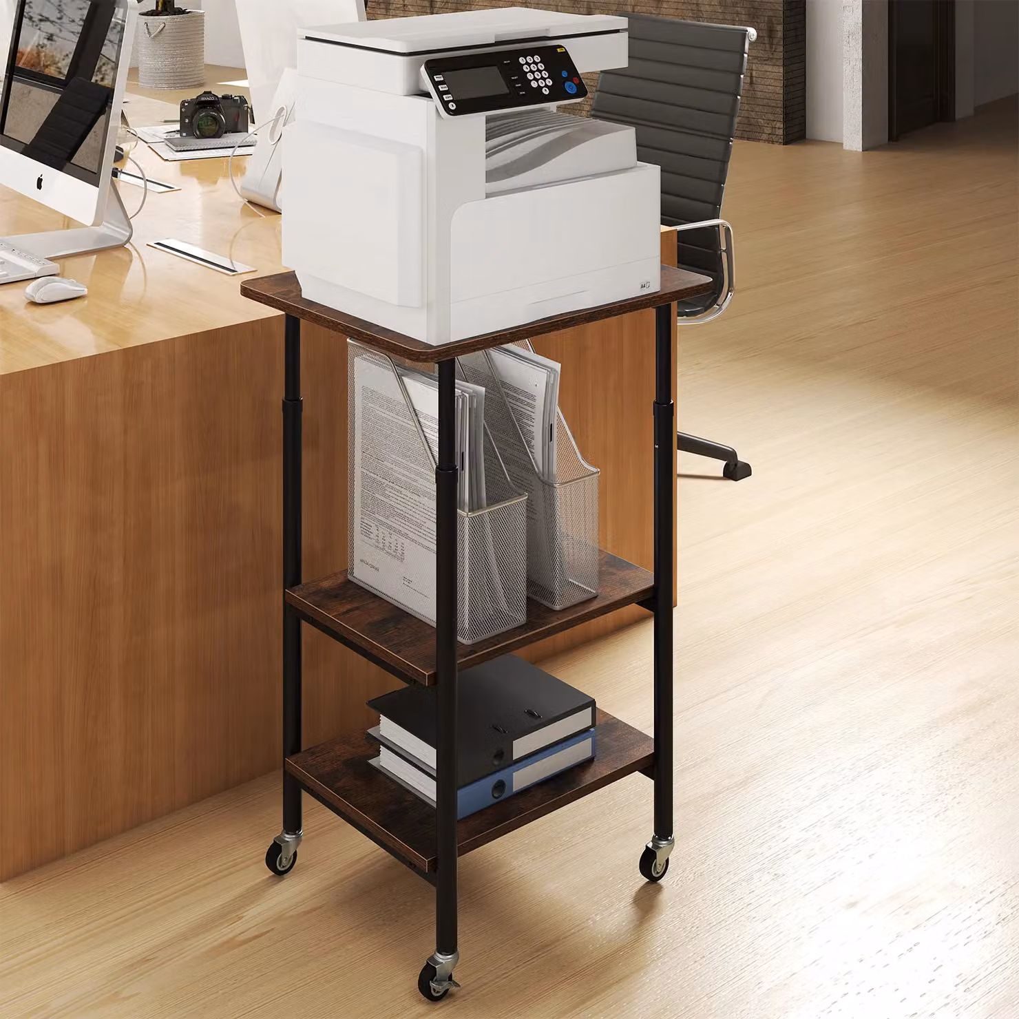 Costway 3-Tier Height Adjustable Printer Stand and Cart with Storage in Brown – 6