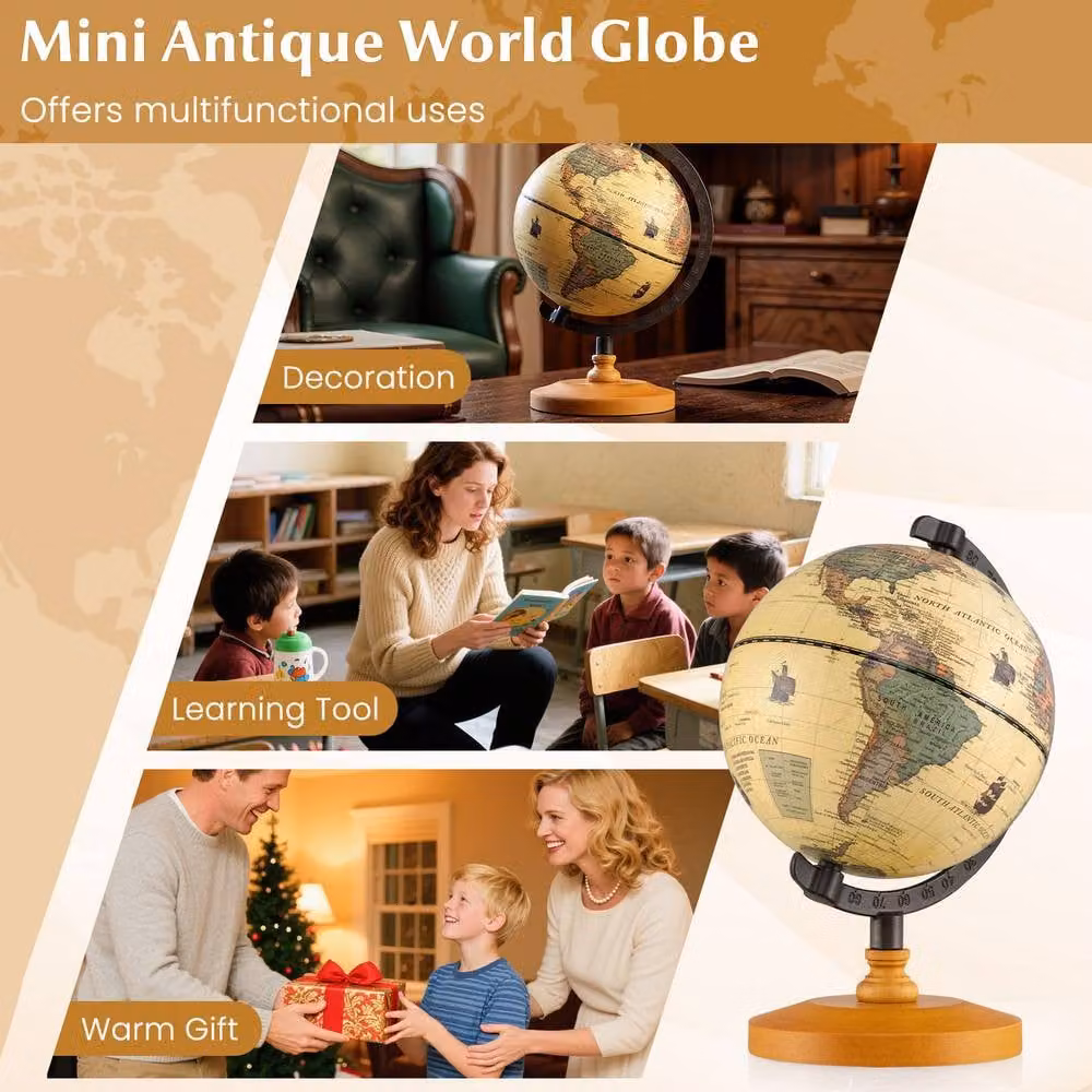 Costway Antique Mini Rotating World Globe in Bronze, Diameter: 14 cm – 6