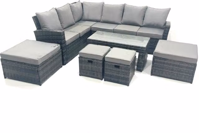 Fimous 10 Seat Rattan Garden Furniture Set with Corner Sofa, Ottoman and Table in Dark Grey