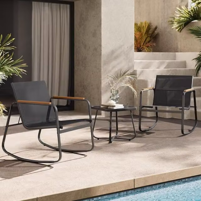 The Bazaarist Outdoor Rocking Chair and Side Table Set in Ink Black with UV-Resistant Textilene Fabric