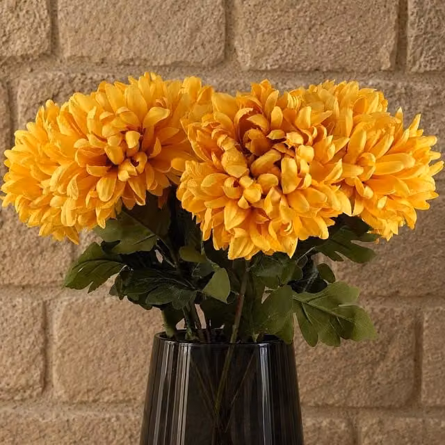 Botanik Pack of 6 Artificial Extra Reflex Chrysanthemum Flower Stems in Gold, Yellow and Orange, Height: 75 cm – 1