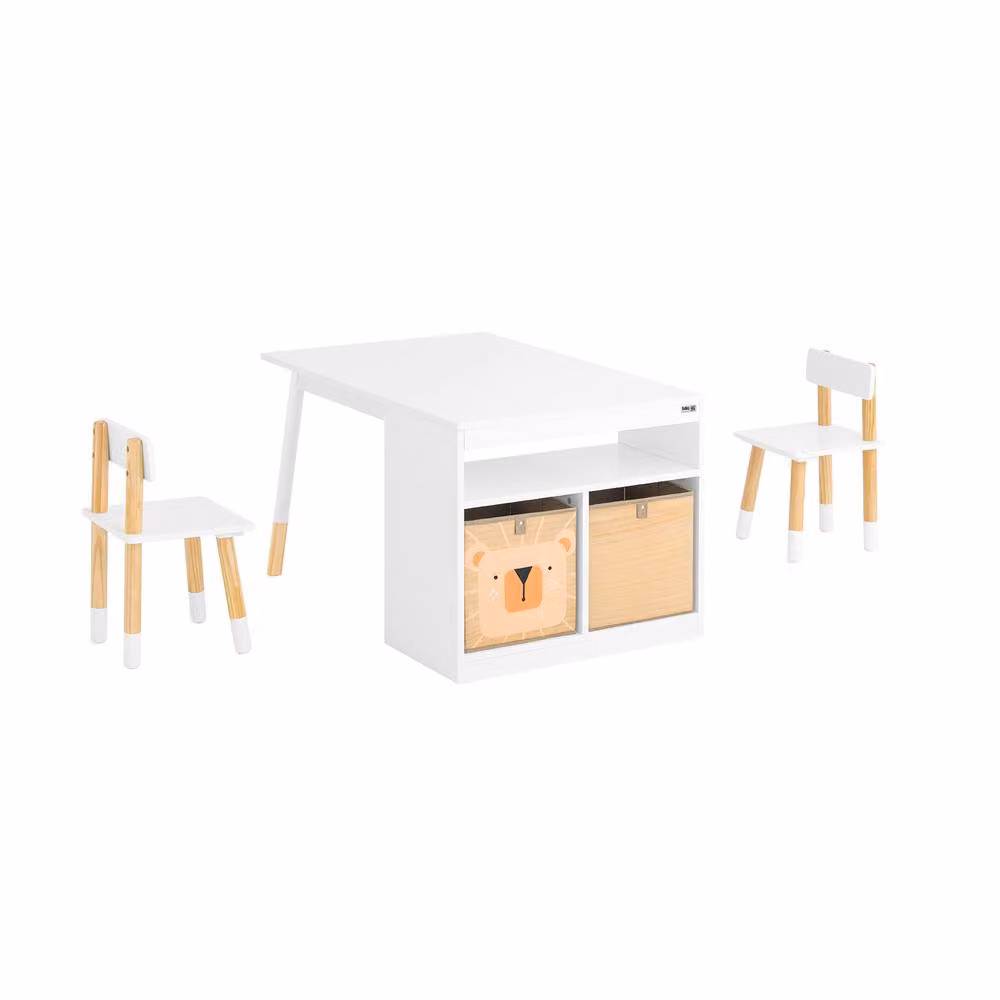 SoBuy Kids Desk and 2 Chairs Set with Storage Shelves, Scandinavian Style, White – 2