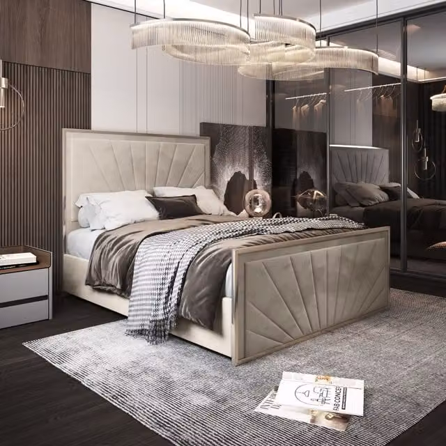 KDMD Roxy King Size Upholstered Velvet Bed Frame in Cream with Metal Details, W/D/H: 180 x 200 x 137 cm (Height: 189 cm)