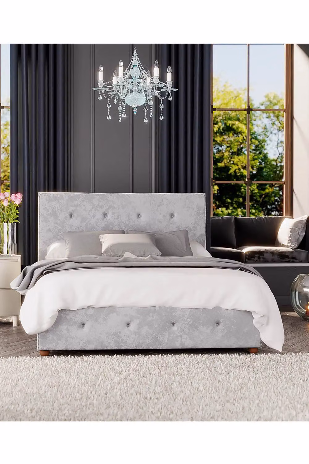 Laurence Llewelyn-Bowen Hesper Ottoman Storage Bed in Silver Mirazzi Velvet Fabric, Double W/D/H: 140 x 200 cm – 4