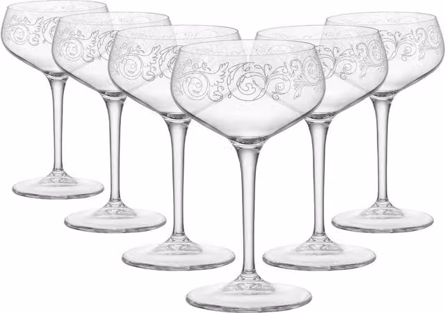 Bormioli Rocco Liberty Floral Cocktail Glasses, Transparent and Yellow, Pack of 6, 250 ml