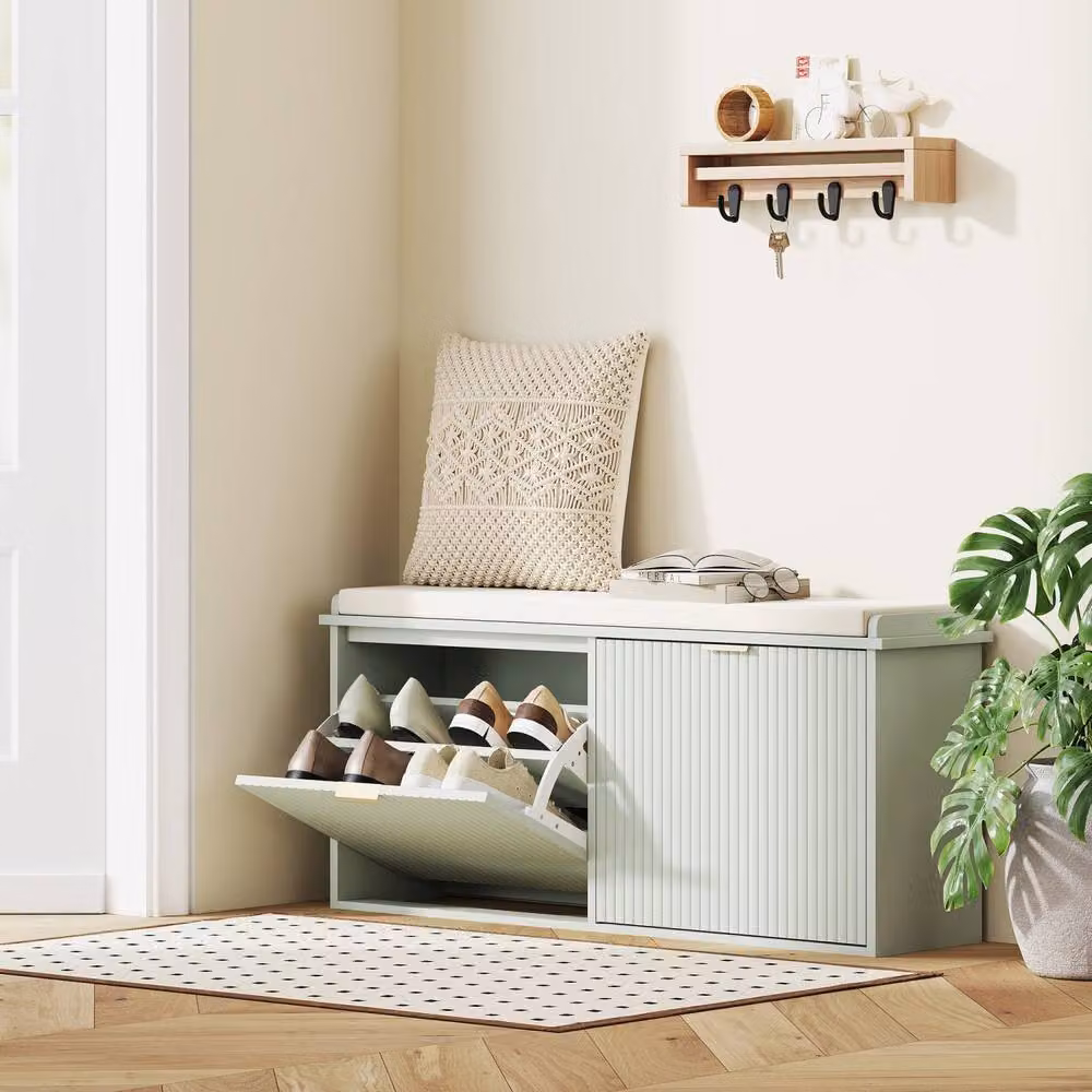 Wyld Haus Reraha Mint Green Wooden Shoe Bench with Cushioned Top and 10 Pair Storage Capacity – 4