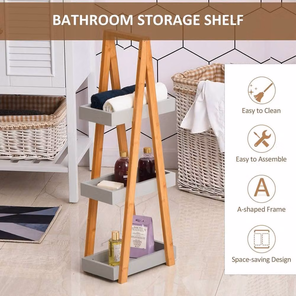 EONLION 3-Tier Brown A-Frame Ladder Bathroom Storage Shelves – 3