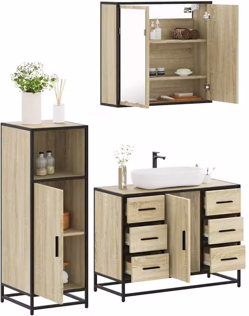 Berkfield Home 3 Piece Industrial Bathroom Furniture Set in Brown Sonoma Oak – 1