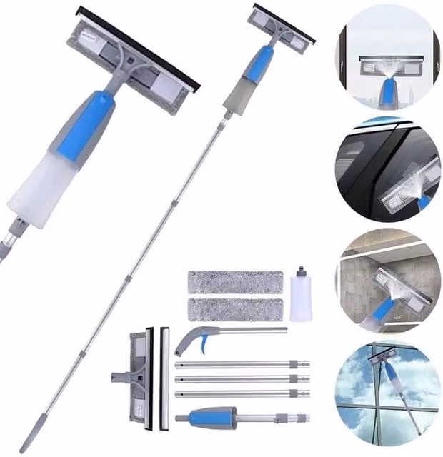 KORVIXA Extendable Window Cleaner Kit with Telescopic Handle and Microfibre Squeegee in Grey – 1
