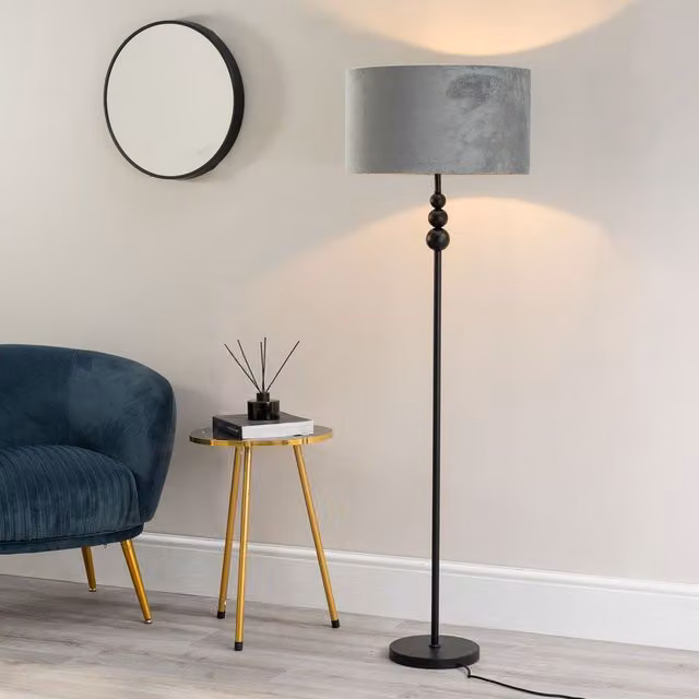 ValueLights Matt Black Stacked Ball Floor Lamp with Grey Velvet Drum Shade and LED Bulb – 1