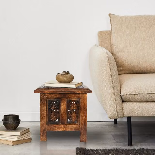Topfurnishing Square Carved Mango Wood Coffee Table and Bedside End Table in Antique Brown W/D/H: 30 x 30 x 30 cm