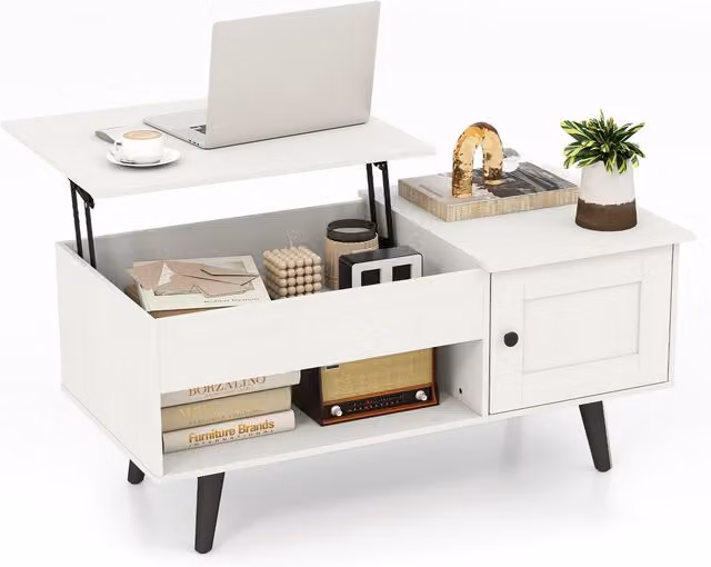 COSTWAY Modern White Rectangular Living Room Centre Table with Lift Mechanism