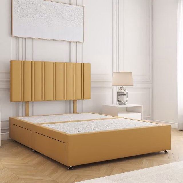 BSSPOKE Sienna Plush Velvet Divan Bed Set with 24 inch Headboard and 4 Drawers, Mustard, Super King, W/D/H: 200 x 200 cm