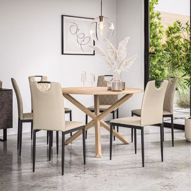 More4Homes Malvern Round Oak Effect Dining Table Set with 6 Chairs in Beige and Yellow, W/D/H: 120 x 120 x 75 cm