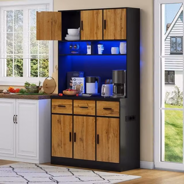 Rolipo Modern Tall Kitchen Pantry Cabinet in Matt Black with LED Lighting and Charging Station, Height: 180 cm – 1