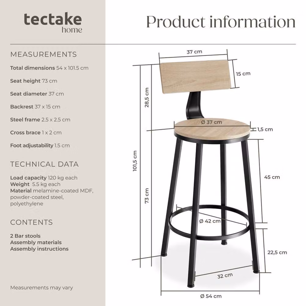 tectake Poole Industrial Bar Stools Set of 2 in Light Oak and Black – 5