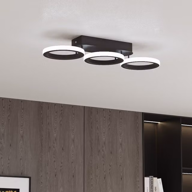 Livingandhome Modern LED Three-Ring Ceiling Light in Black