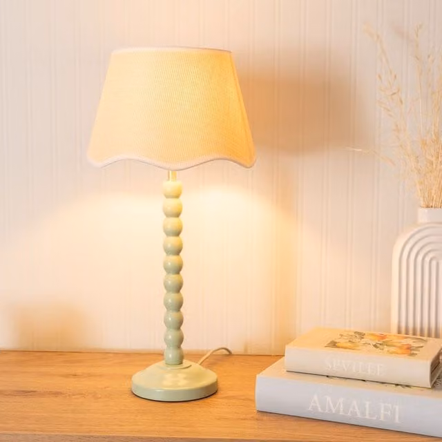 ValueLights Sage Green Bobbin Table Lamp with White Scallop Fabric Shade