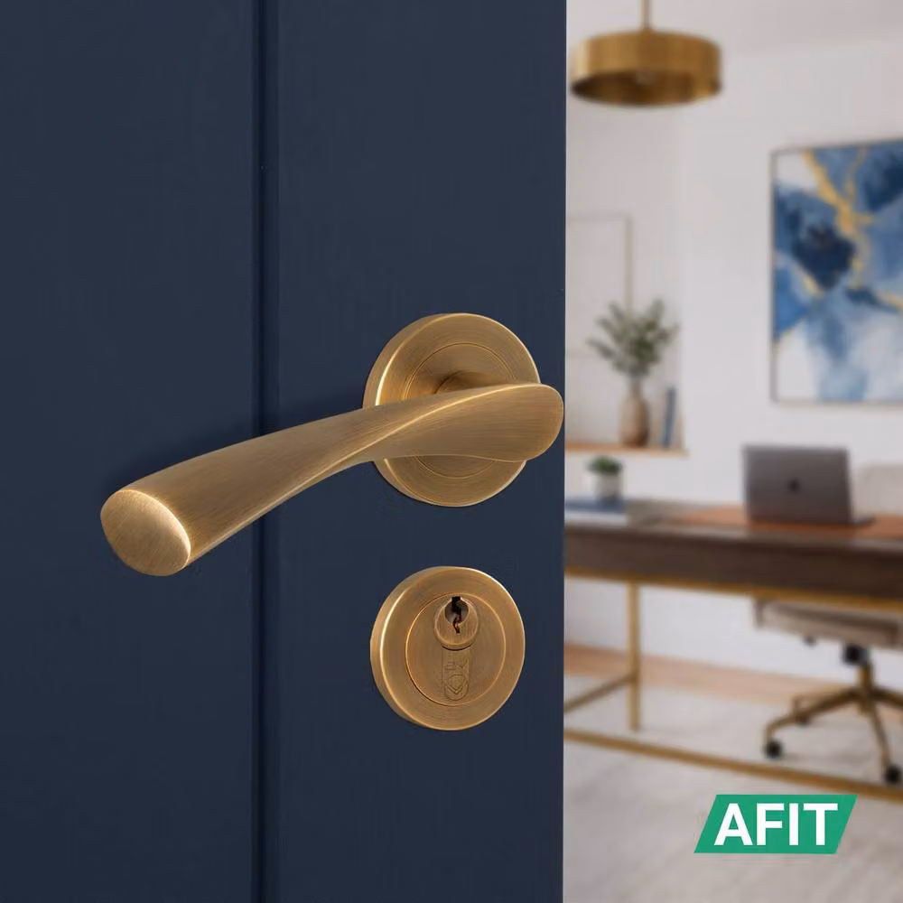 AFIT Antique Brass Door Handle with Euro Lock, Double Cylinder and Hinges in Bronze, 150 x 150 mm – 5