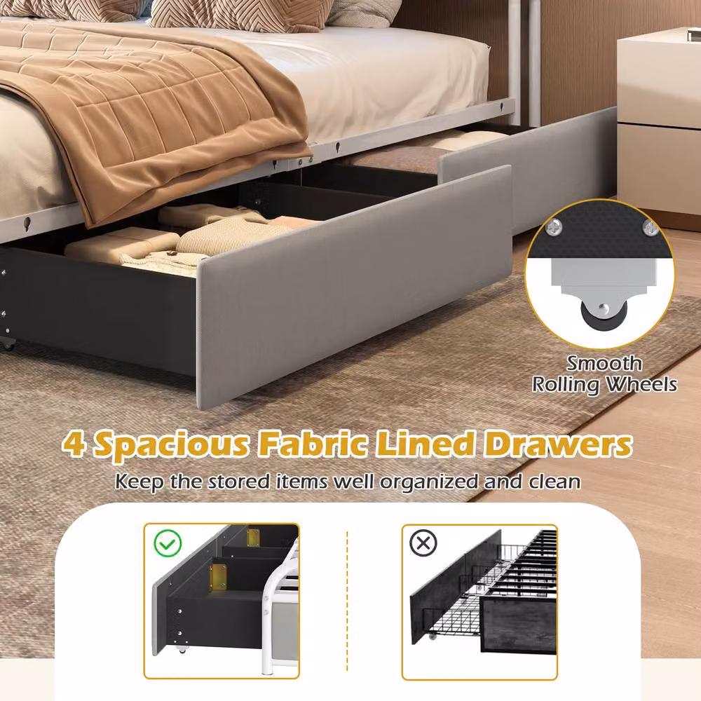 Costway Modern King Size Upholstered Faux Leather Platform Bed with Drawers and USB Charging Port, Grey, W/D/H: 180 x 200 cm – 4