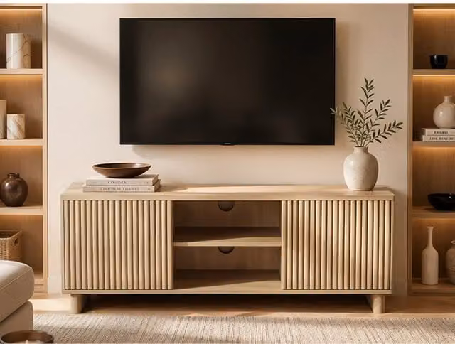 Solace+Co Velmor Mid-Century Ribbed TV Unit with Storage in Oak and Beige