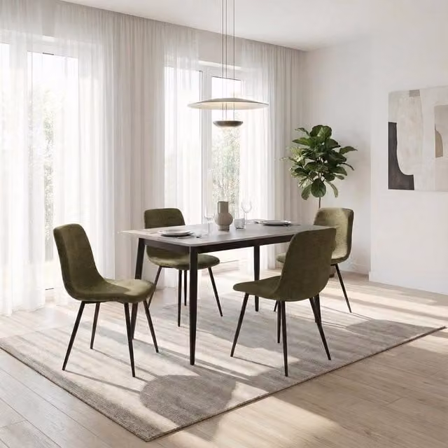 FWStyle 5 Piece Dining Set with Grey Sintered Stone Rectangular Table and Green Chairs