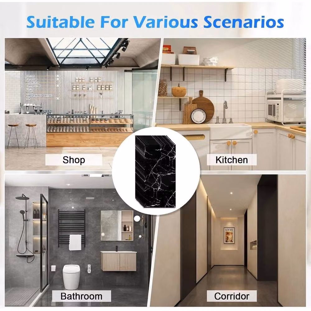 FLAVORA Black Marble PVC Self-Adhesive Wall Sticker Tiles – 6
