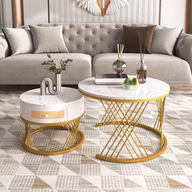 BTM White and Gold Nesting Table Set with Rattan and Metal Legs – 1