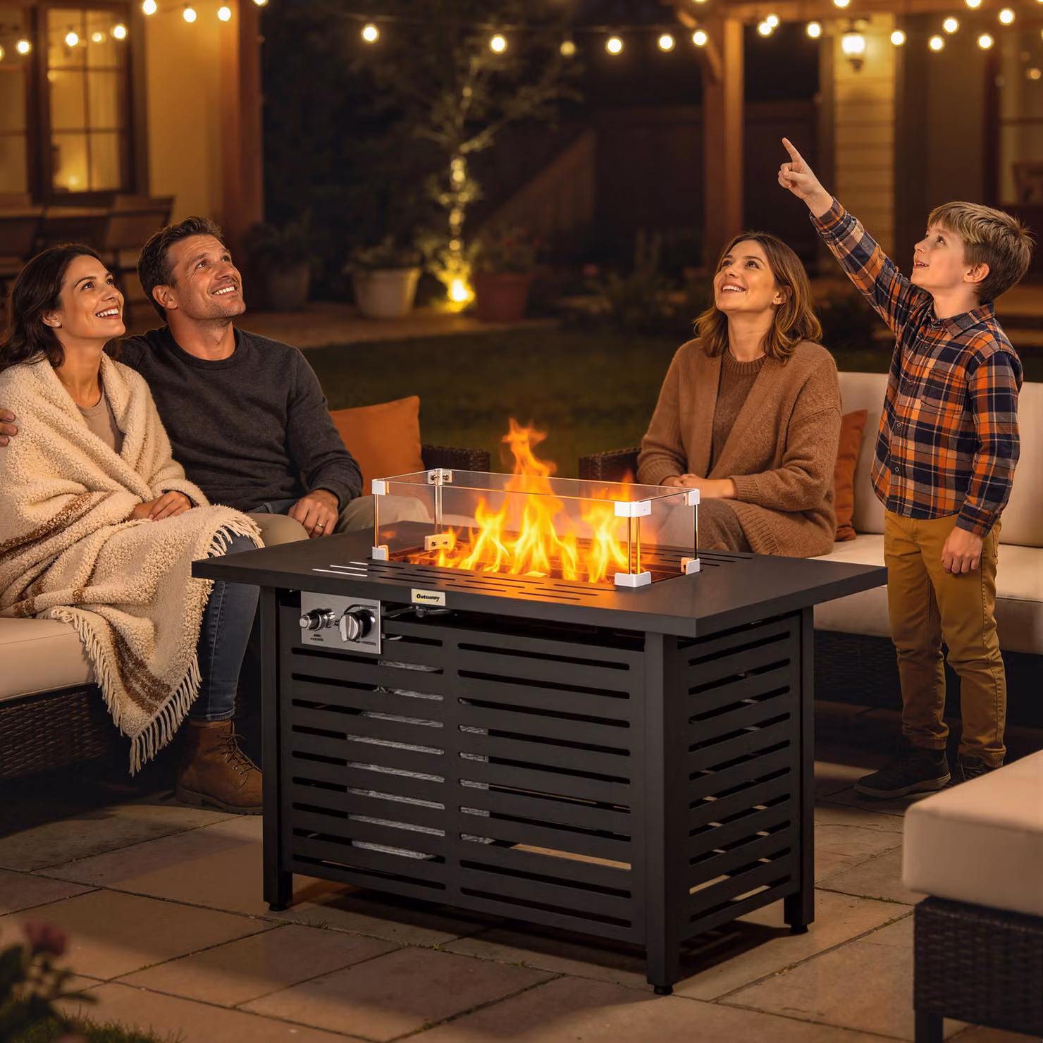 Outsunny Propane Gas Fire Pit Table in Black with 43 inch Steel Tabletop, 50,000 BTU Pulse Ignition, Stainless Steel Burner, Glass Wind Guard and Cover – 2