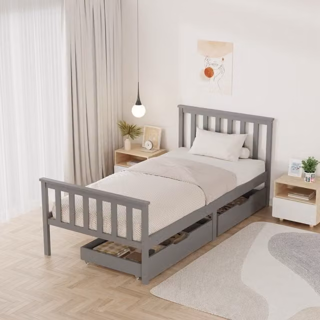 Westwood Solid Wood Single Bed Frame with Storage Drawers in Grey, W/D/H: 90 x 190 cm