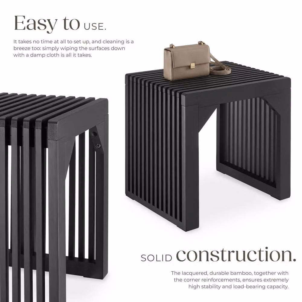 TECTAKE Ribb Stool/Bench in Black with Slatted Bamboo and Metal Design – 3