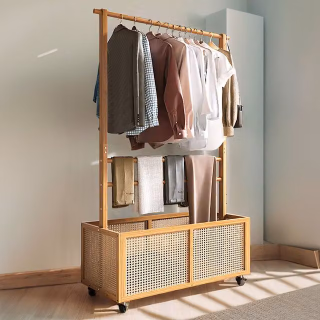 Livingandhome Freestanding Bamboo Clothes Rail with Storage Basket in Wood Colour
