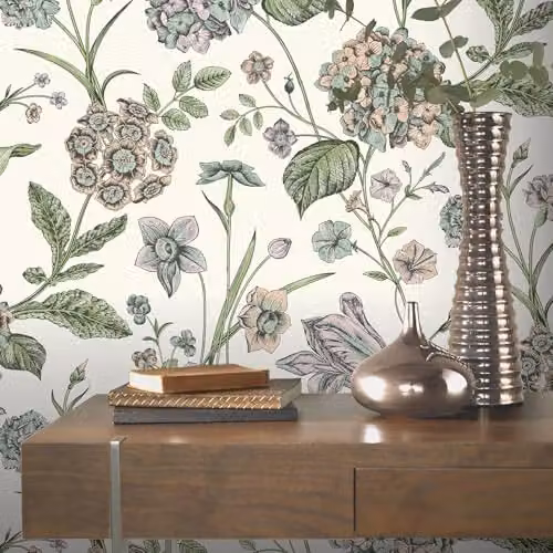Rasch Hydrangea Floral Hand-Drawn Effect Wallpaper in Cream and Multicolour – 3