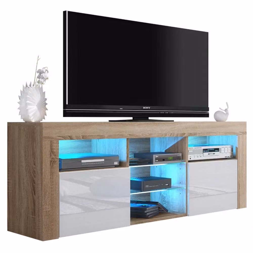 PAWNORA Modern TV Unit with Oak Matt Body and White Gloss Doors in Brown – 2